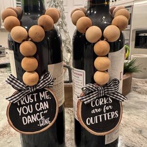 Pair of Wooden Bead Wine Bottle Charms with Whimsical Quotes